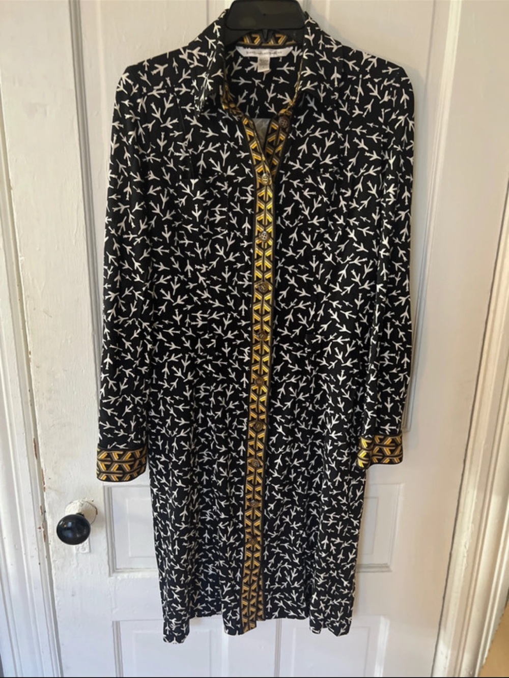 DVF Black & White Bird-Print Shirt Dress with Gold Trim